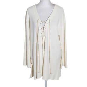 Truly Madly Deeply Cream Lace-Up Knit Top Size Large Distressed Pullover